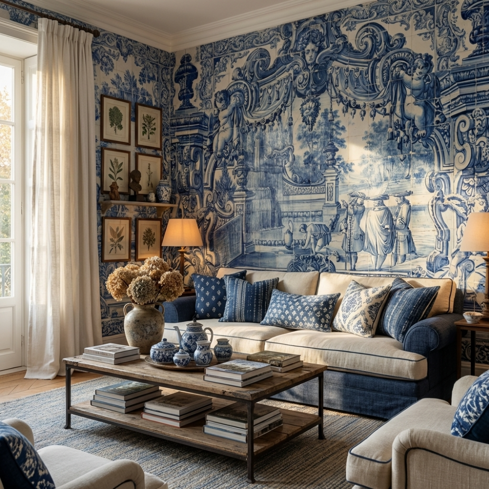 Papier peint Blue Blanc fontaine historique en faïence bleue