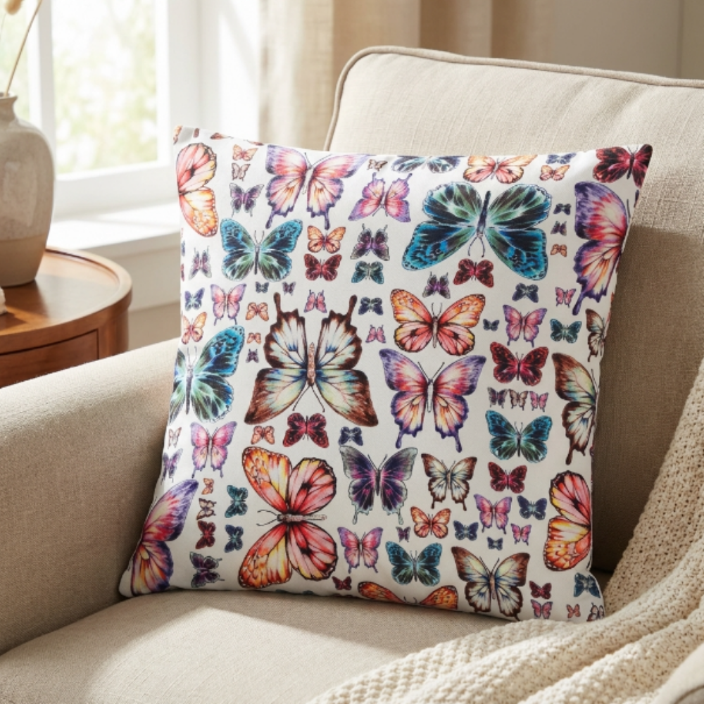 Coussin décoratif à motif jardin de papillons colorés
