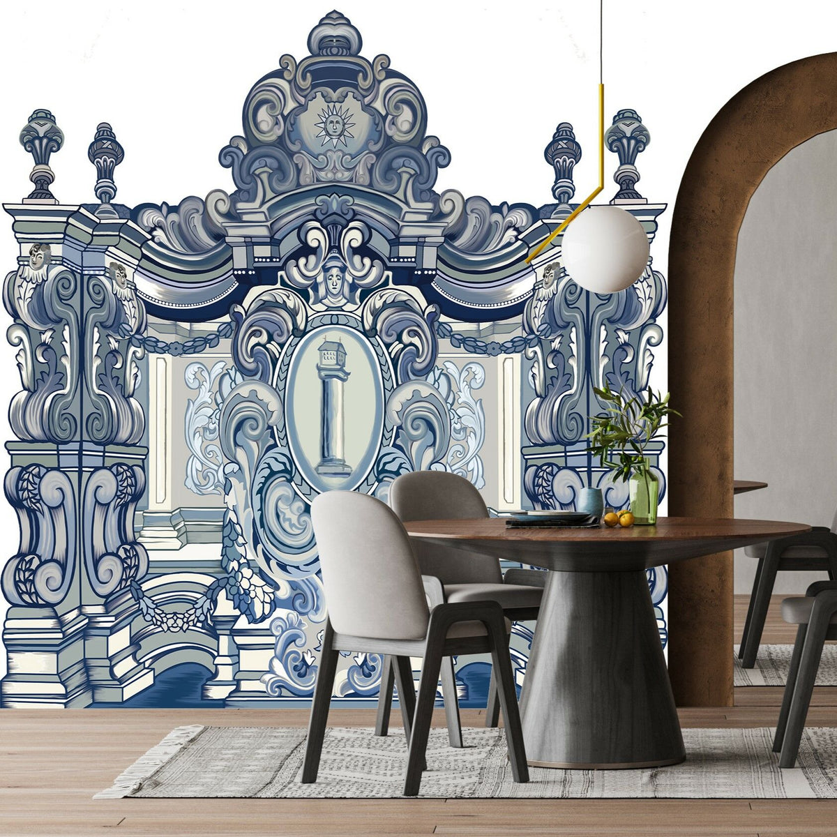 Papier peint Blue Blanc motif baroque exclusif