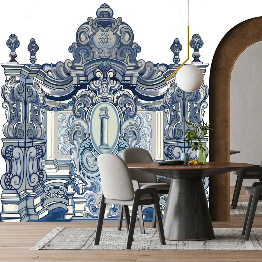 Papier peint Blue Blanc motif baroque exclusif