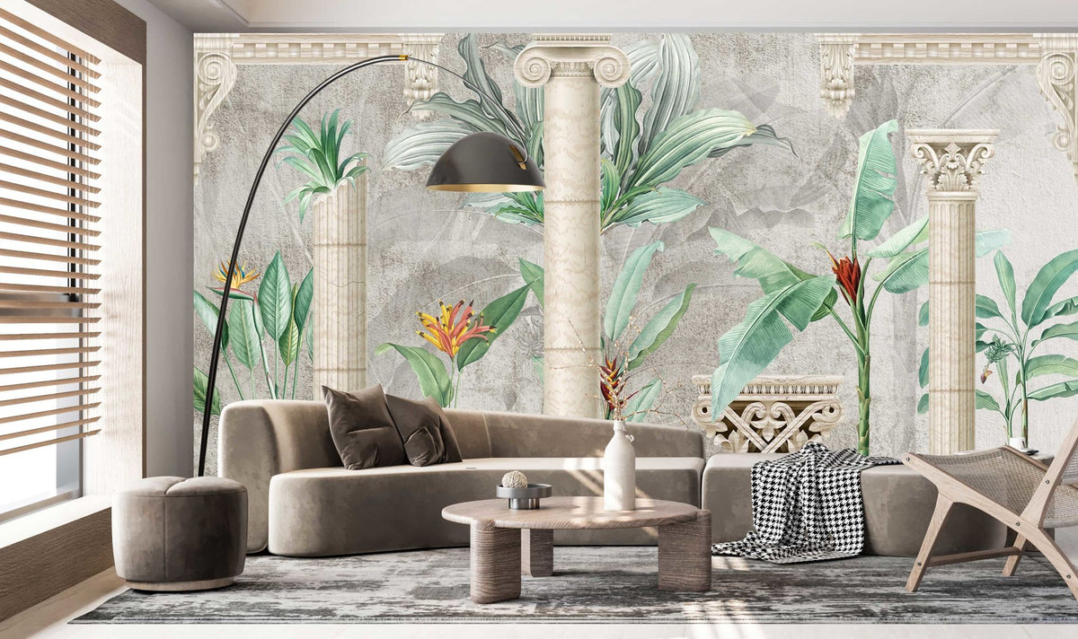 Papier peint colonnes devant des fleurs tropicales