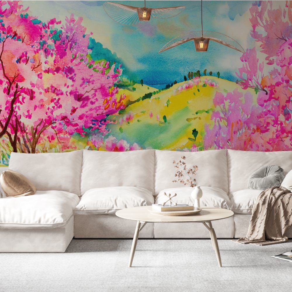 Papier peint montagnes colorées et arbres en fleurs