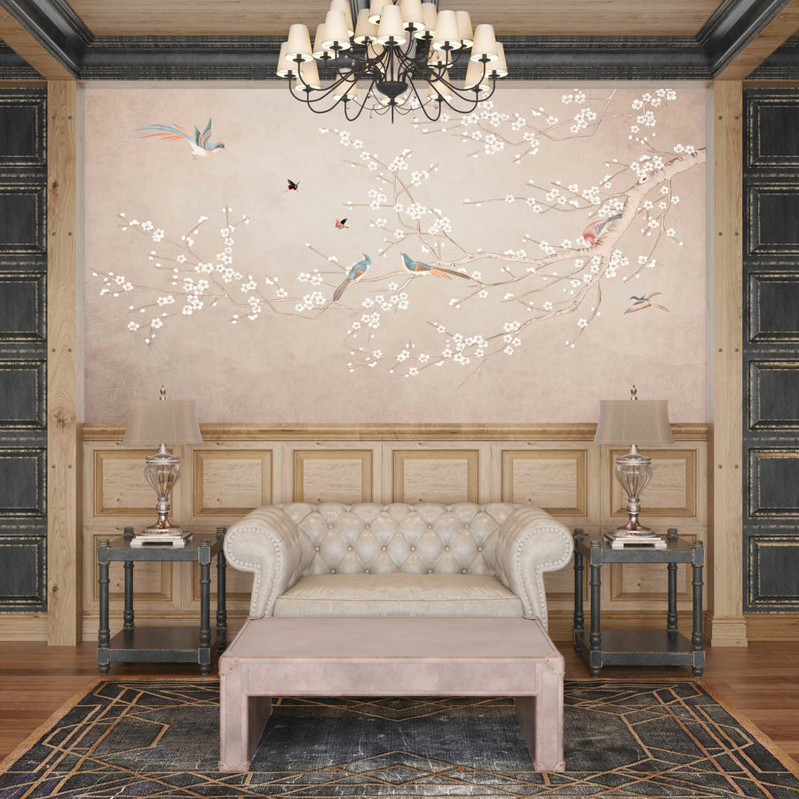 Papier peint rossignols sur branche de cerisier en fleurs blanches