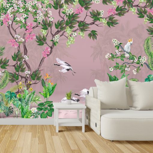 Papier peint grue et fleurs de sakura sur fond rose