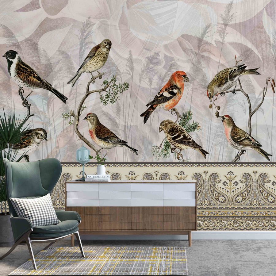 Papier peint motif ethnique et oiseaux
