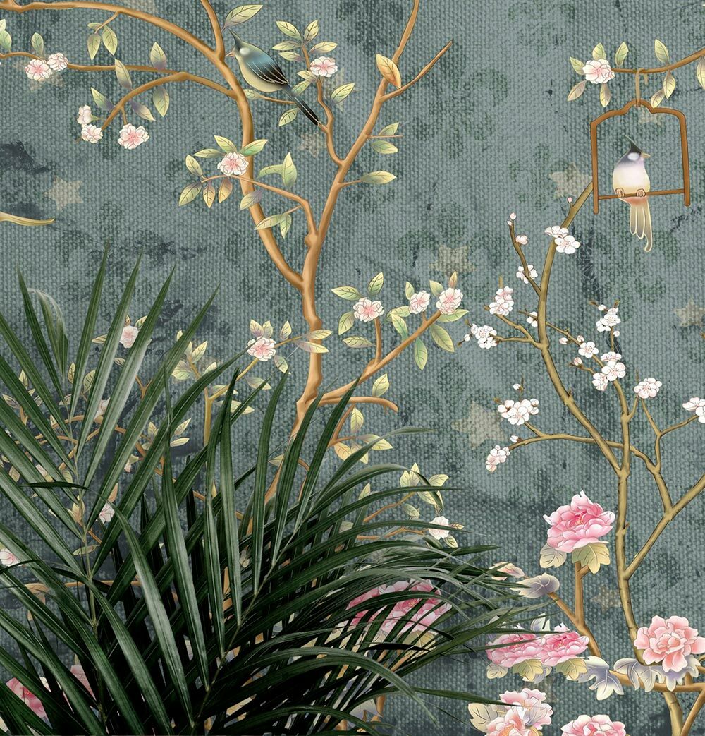Papier peint roses, fleurs et oiseaux dorés