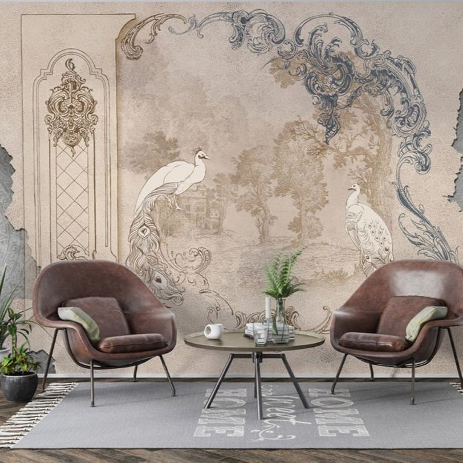 Papier peint paons sur mur patiné classique