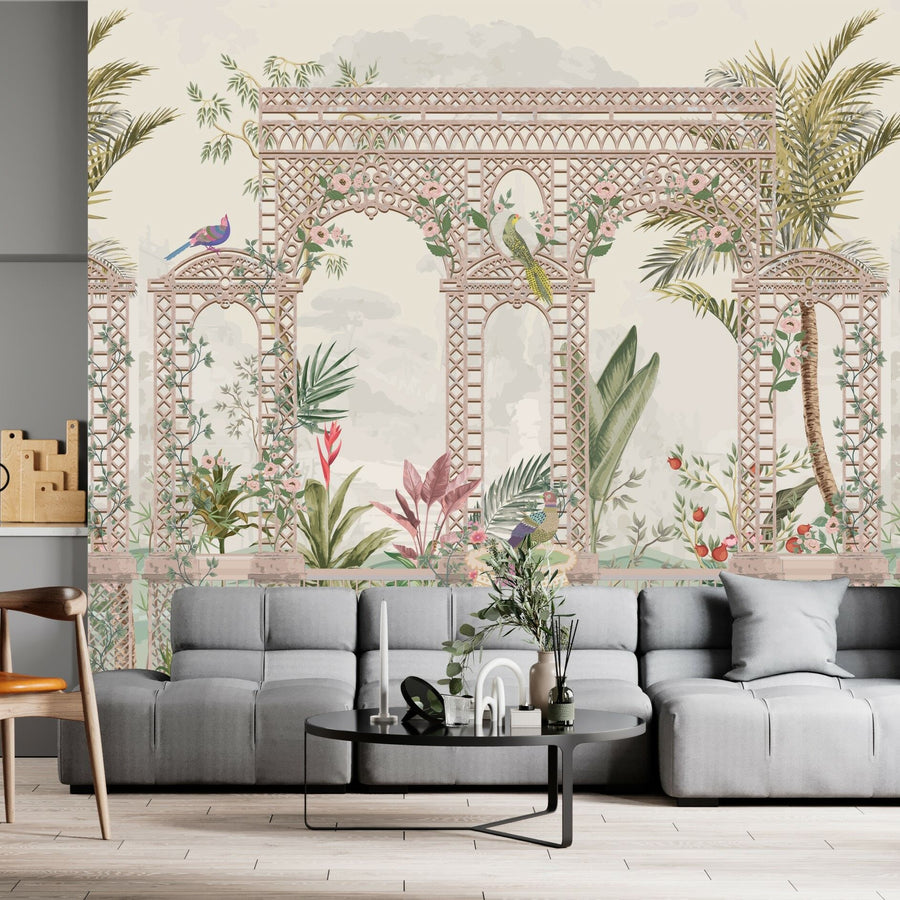 Papier peint création exclusive jardin aux oiseaux et fleurs