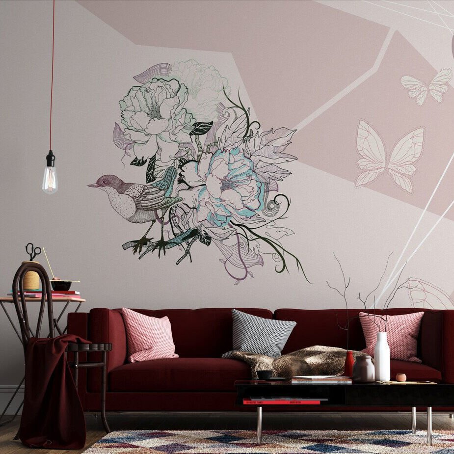 Papier peint minimal oiseaux et papillons dessinés