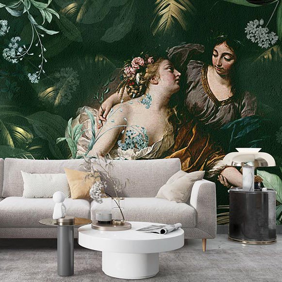 Papier peint princesses parmi les feuilles tropicales
