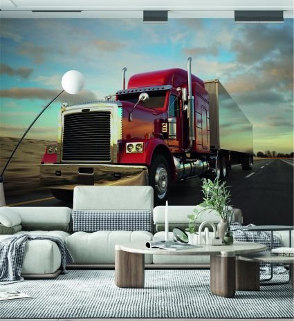 Papier peint grand camion rouge sur la route