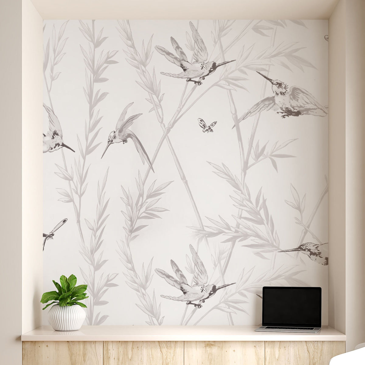 Papier peint oiseaux en vol et branches au vent, anthracite fumé