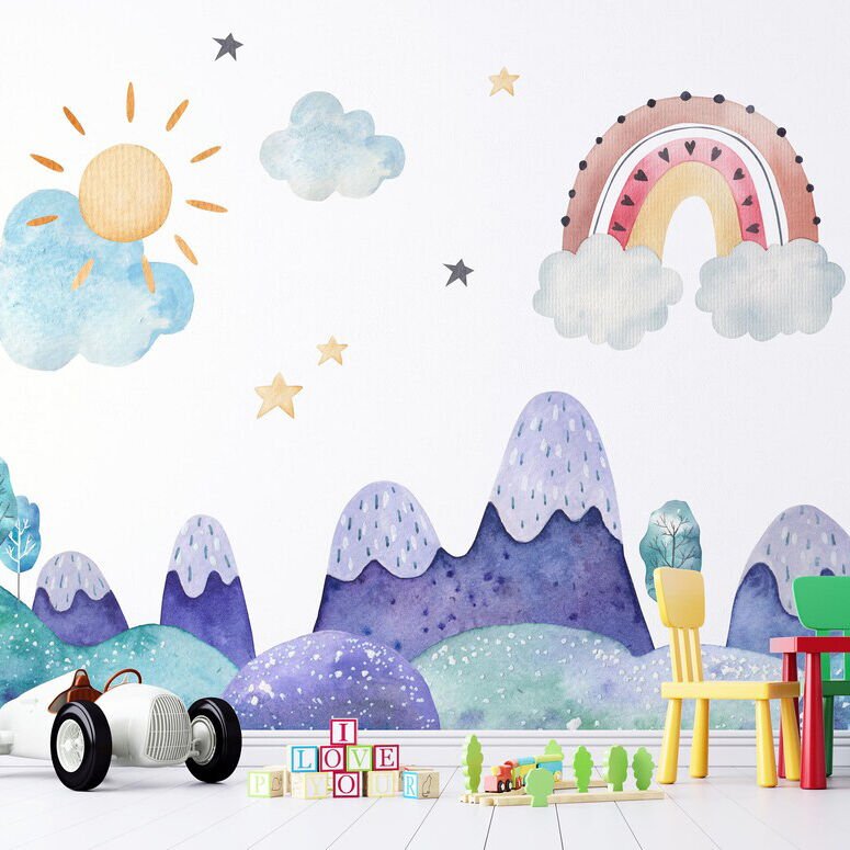 Papier peint amusant arc-en-ciel, nuages de pluie, étoiles et montagnes