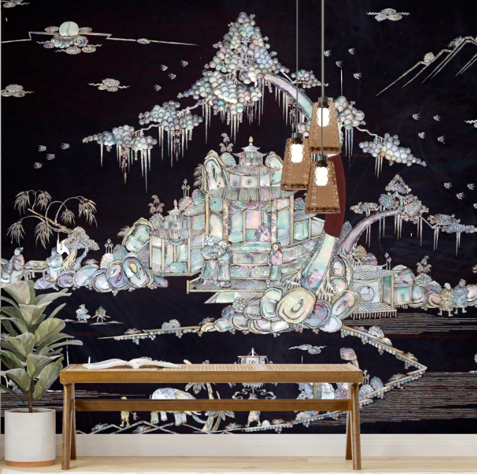 Papier peint illustration maisons pagodes sur fond noir