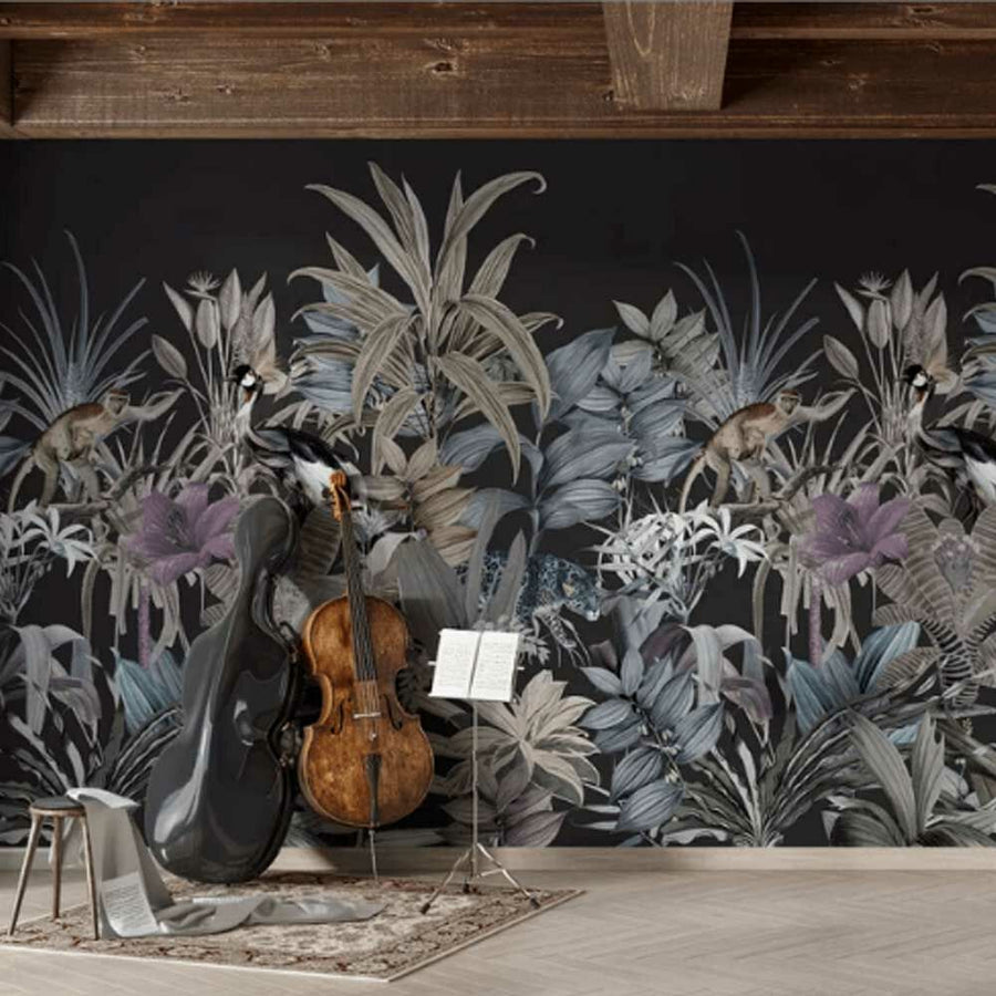 Papier peint animaux et plantes exotiques aux couleurs pastel
