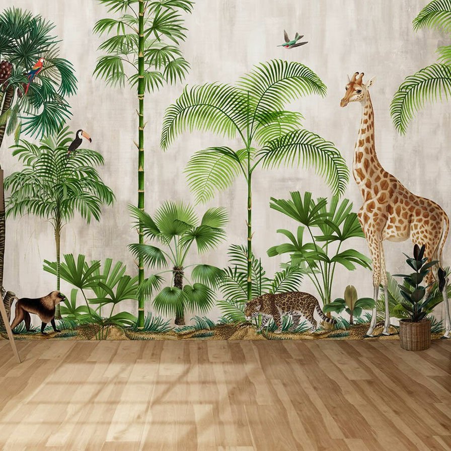 Papier peint arbres tropicaux verts et girafe