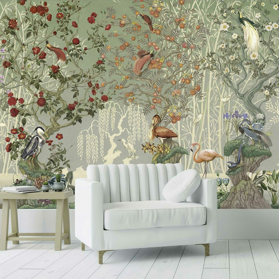 Papier peint roses colorées et animaux exotiques