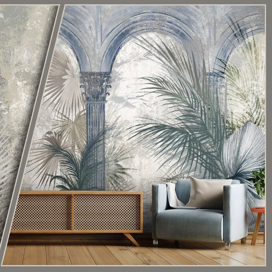 Papier peint colonnes et feuillages tropicaux bleu et brun