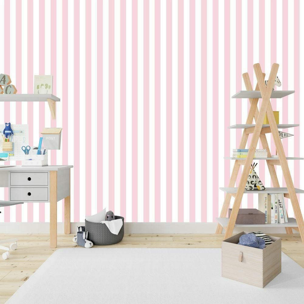 Papier peint chambre d'enfant frise rayée rose et blanche, série Yargı