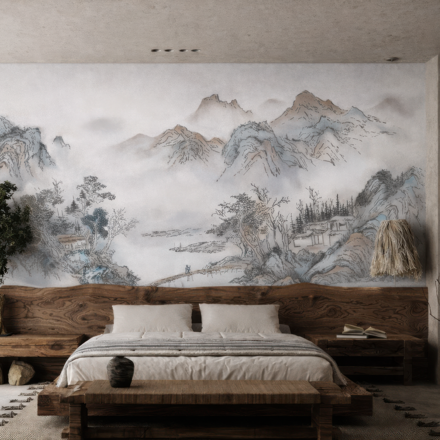 Papier peint paysage de montagne brumeux