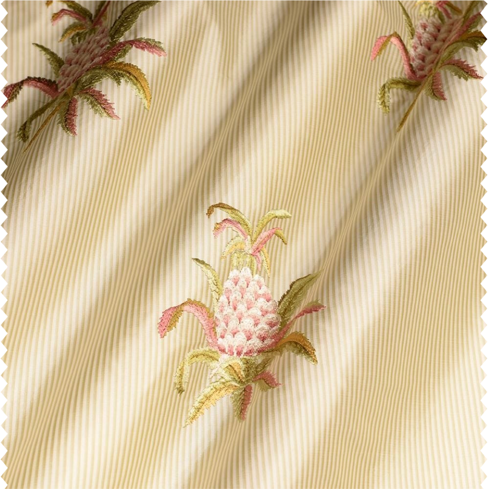 Tissu d'ameublement brodé sur fond satiné rayé