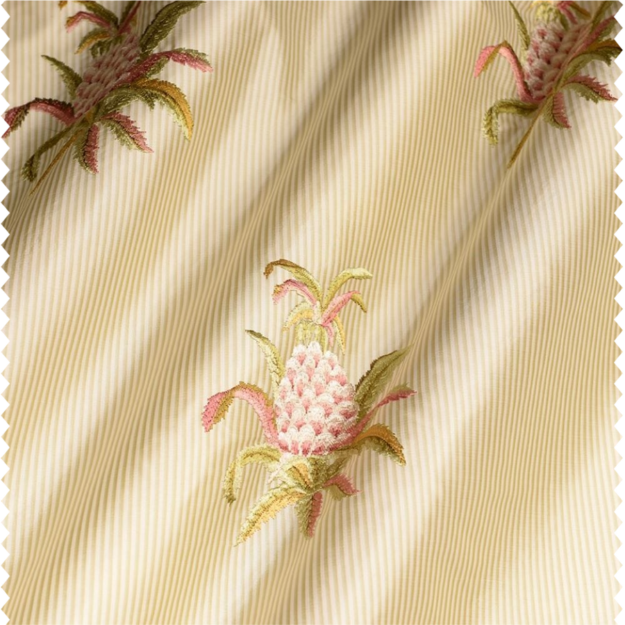 Tissu d'ameublement brodé sur fond satiné rayé
