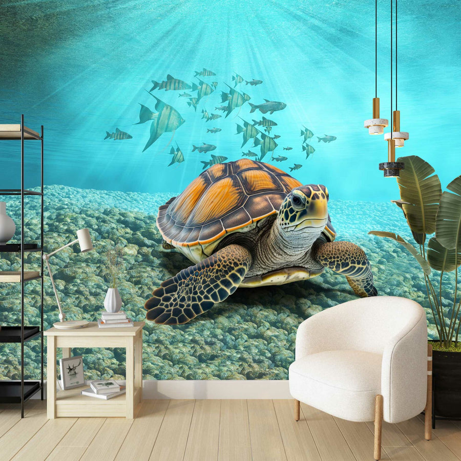 Papier peint tortue de mer et poissons sous l'eau
