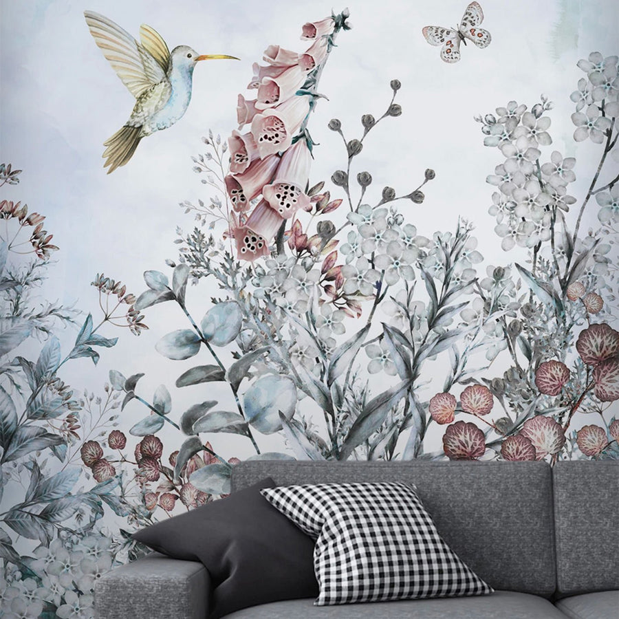 Papier peint plantes tropicales, oiseau et papillon