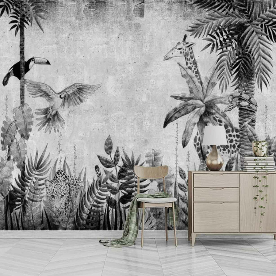 Papier peint girafe et animaux exotiques noir et gris