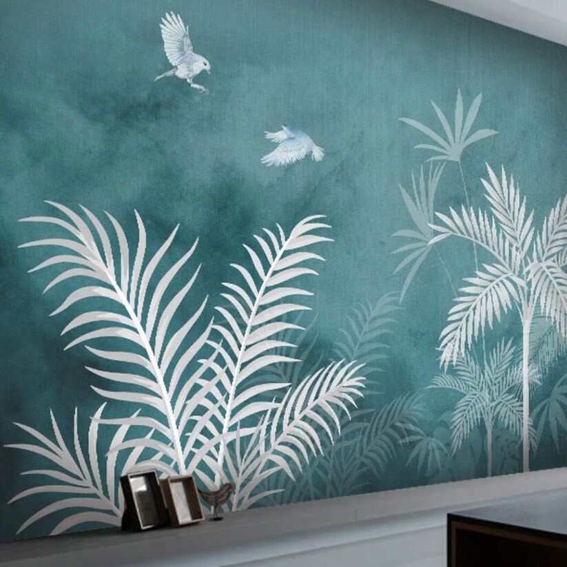 Papier peint arbres et perroquet sur fond turquoise