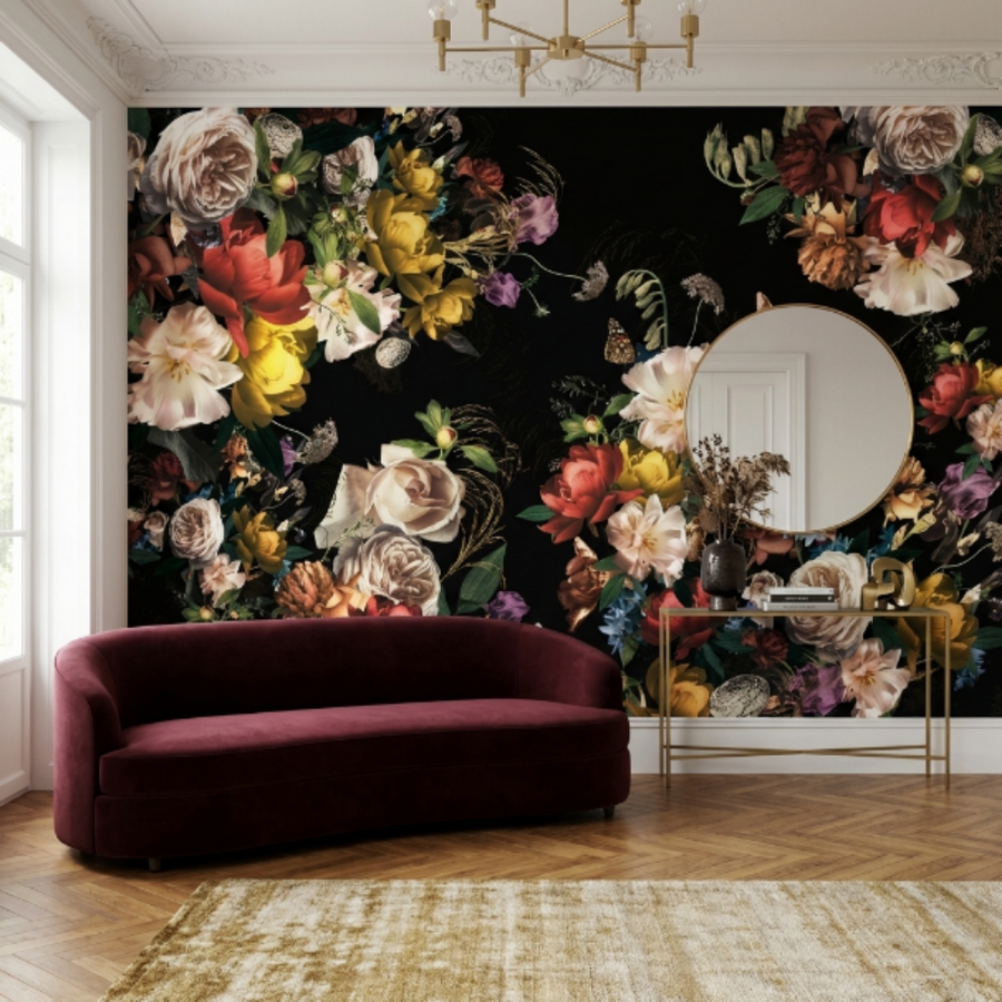 Papier peint Uva roses et fleurs sur fond noir