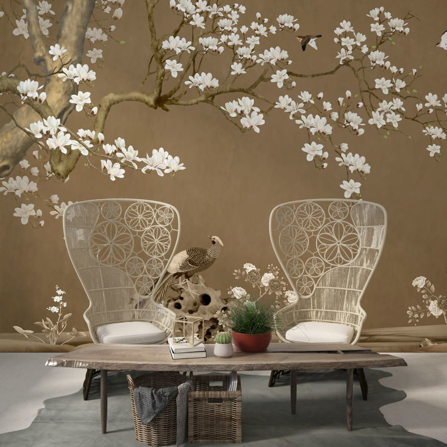 Papier peint arbre de sakura aux fleurs blanches