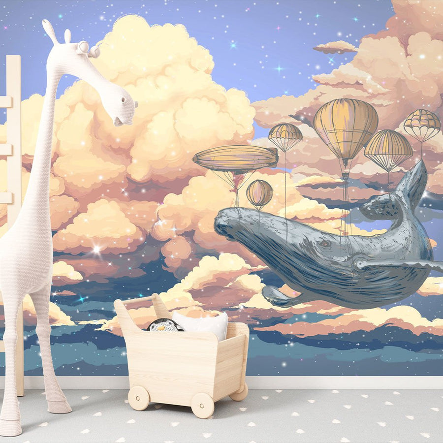 Papier peint baleine volant dans les nuages magiques