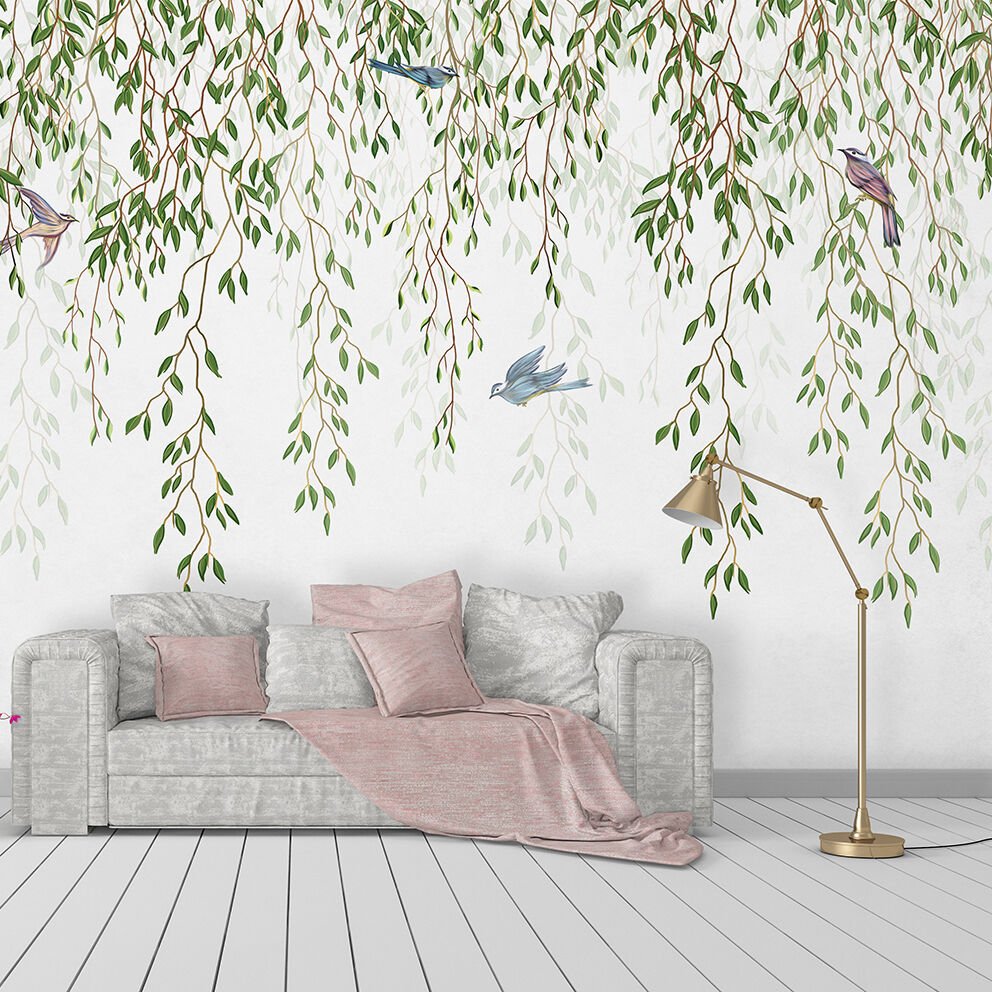 Papier peint petits moineaux parmi les plantes grimpantes