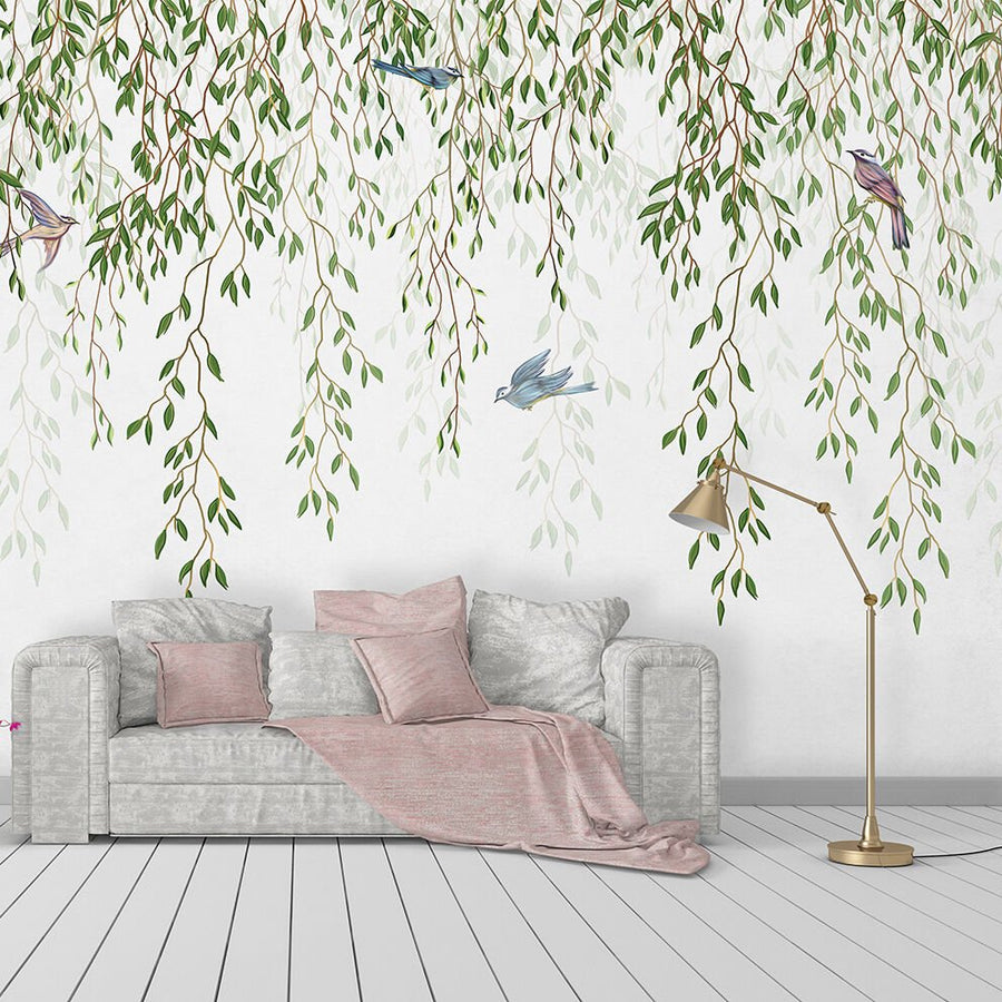 Papier peint petits moineaux parmi les plantes grimpantes