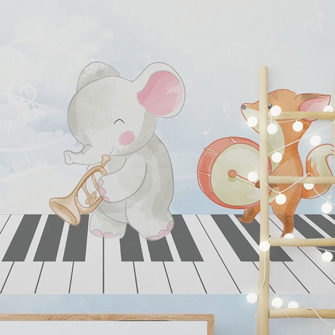 Papier peint éléphant et lapin sur un piano, fond bleu