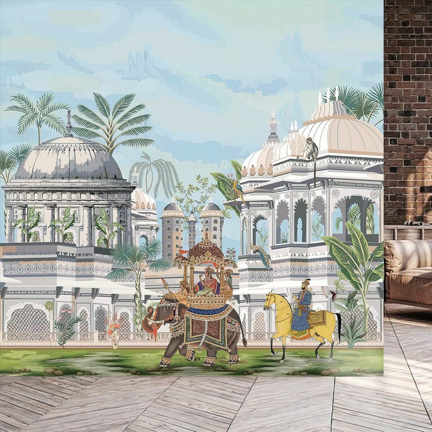 Papier peint éléphant de la reine et son palais