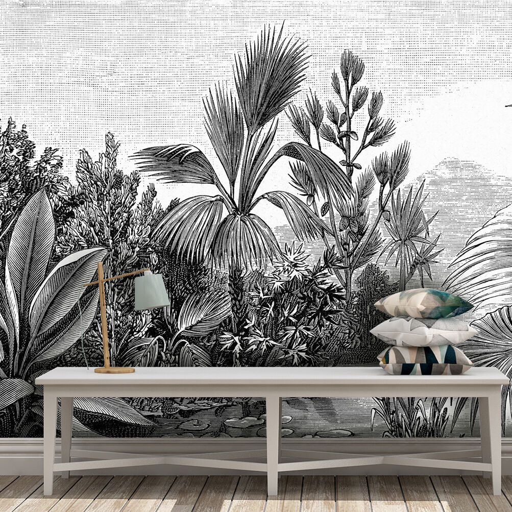 Papier peint forêt exotique noir et blanc