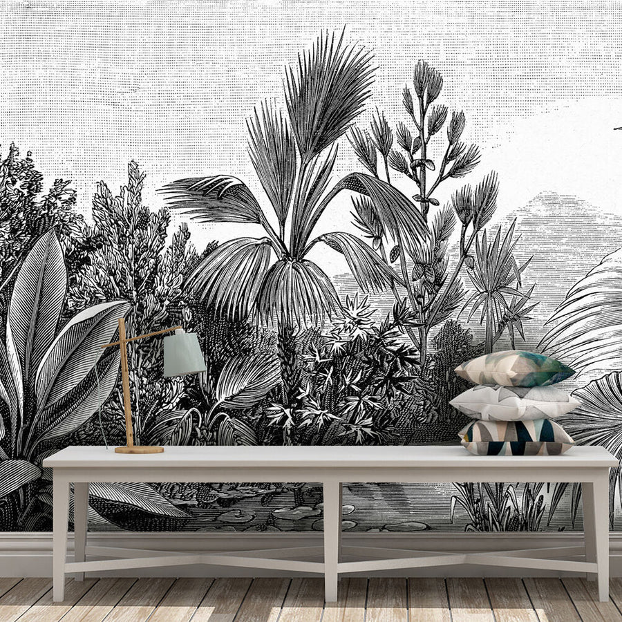 Papier peint forêt exotique noir et blanc