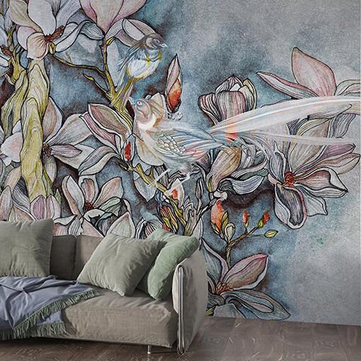 Papier peint création exclusive fleurs dessinées