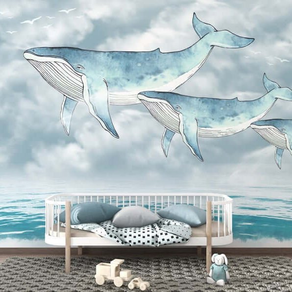 Papier peint baleines bleues dans l'océan agité