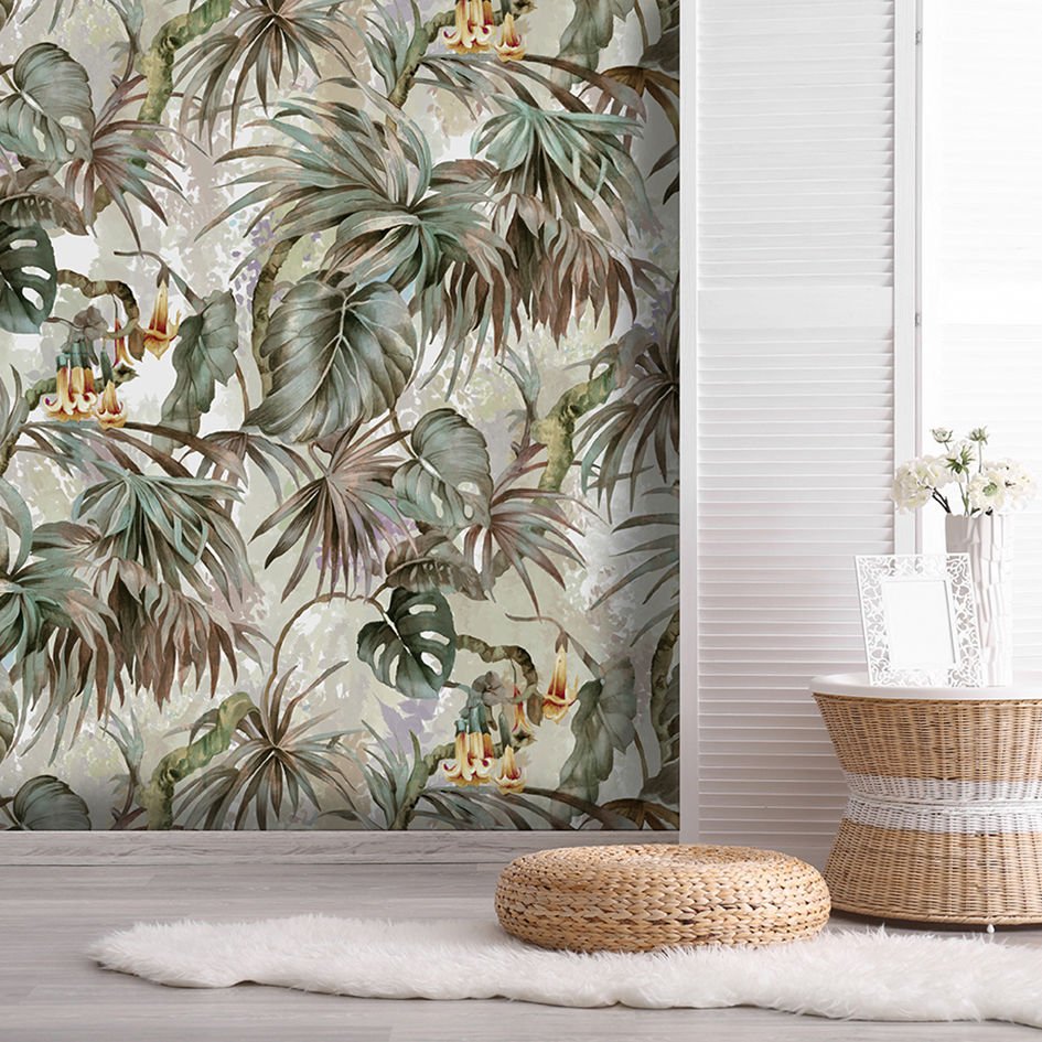 Papier peint fleurs de cire sur feuilles de palmier