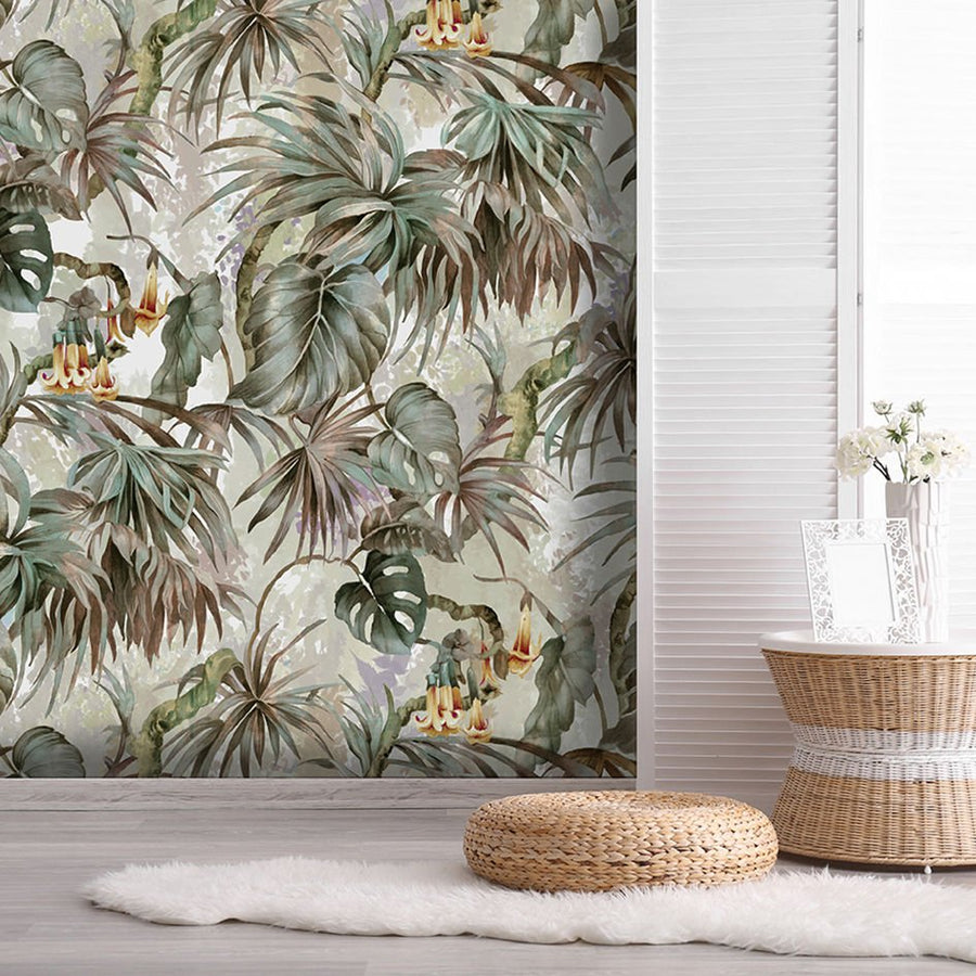 Papier peint fleurs de cire sur feuilles de palmier