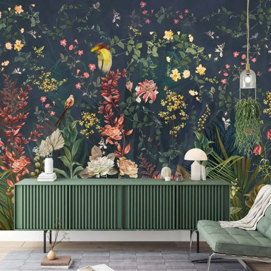 Papier peint perroquets et fleurs au jardin d'Éden