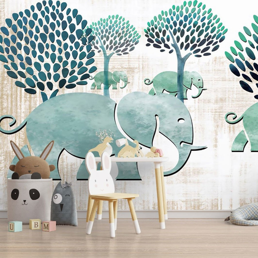 Papier peint Uva éléphants verts et arbres
