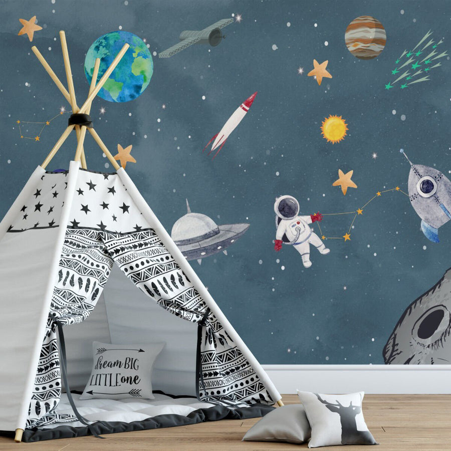 Papier peint astronaute, fusée et corps célestes