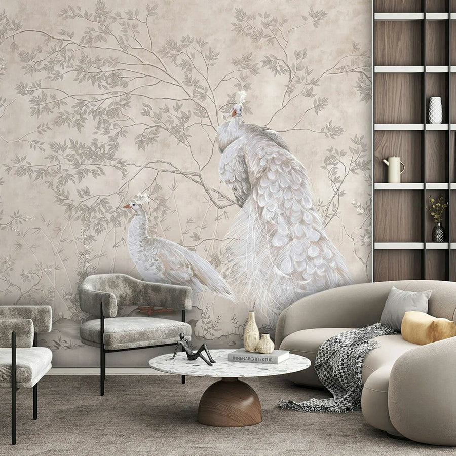 Papier peint paons blancs sur fond beige