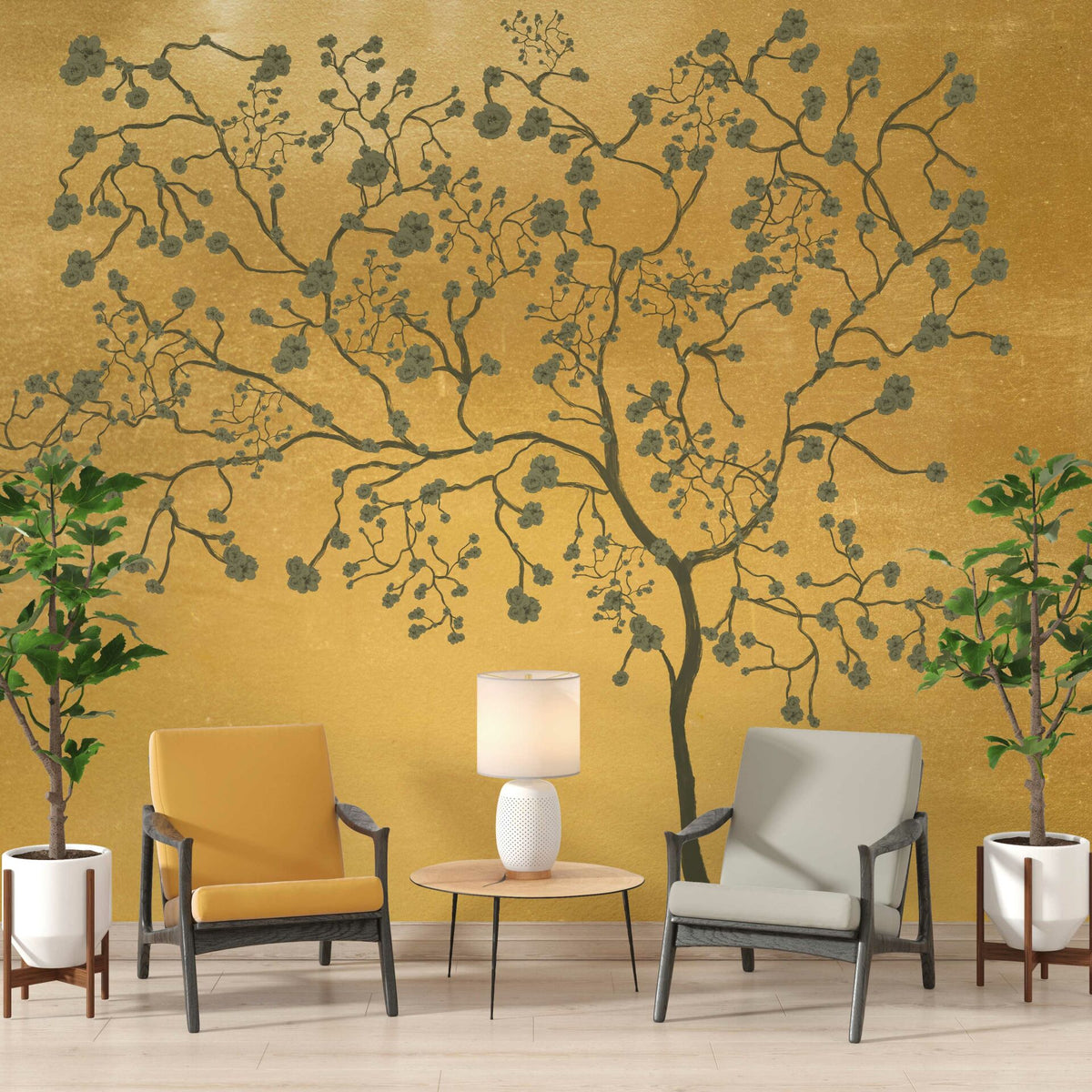 Papier peint silhouette d'arbre en fleurs sur fond doré