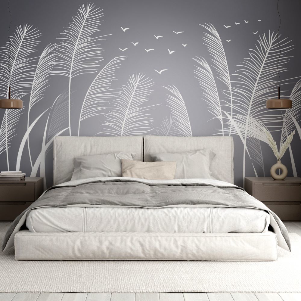 Papier peint plumes blanches sur fond anthracite