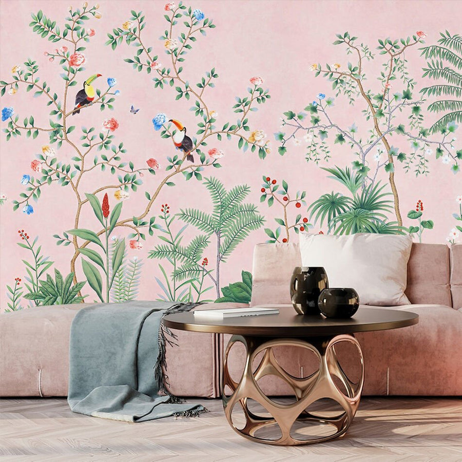 Papier peint perroquets sur fond rose